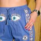 Rich Blue & Gold Hand Painted Evil Eye Lounge Pants (ML)