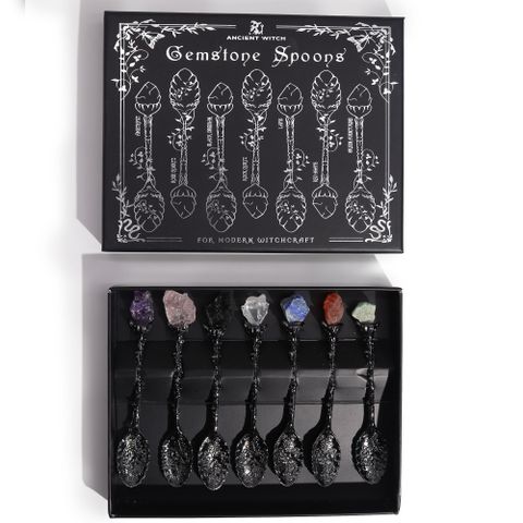 Set of 7 Dark Silver Gemstone Crystal Witch Spoons