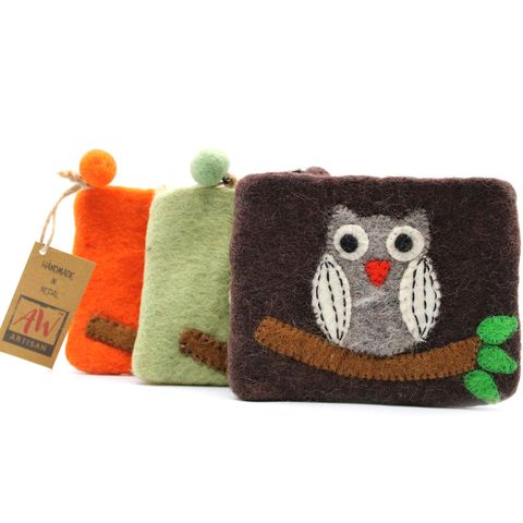 Owl on Branch Felt Zipper Pouch | Handmade Wool Pouch from Nepal