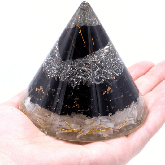 Eleanoras Orgonite Cone - Selenite and Black Toumaline Copper Orgonite