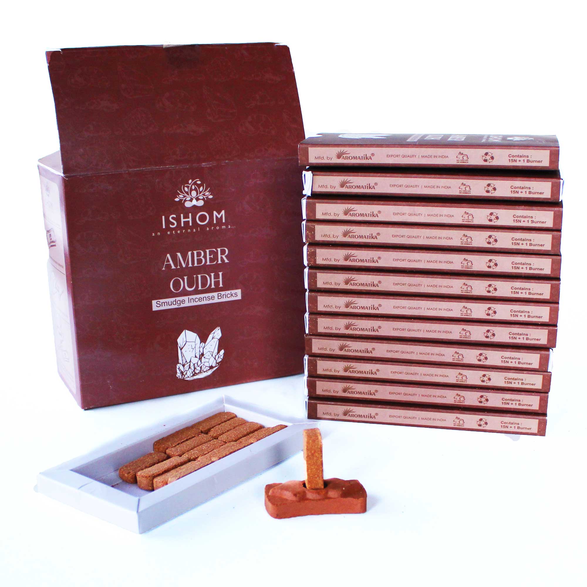 Amber Wood Pack of 15 Natural Incense Smudge Bricks and Burner