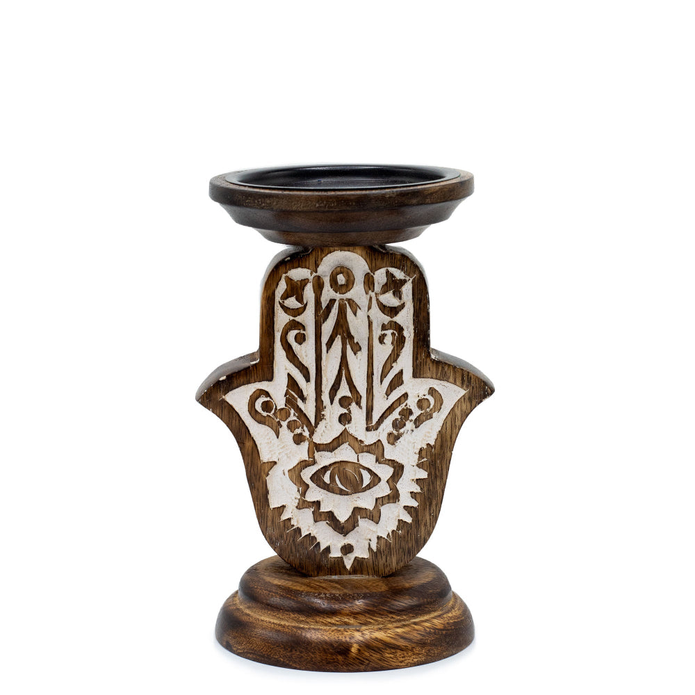 Eleanoras Hamsa Mango Wood Candle Stand Small Candle Holders