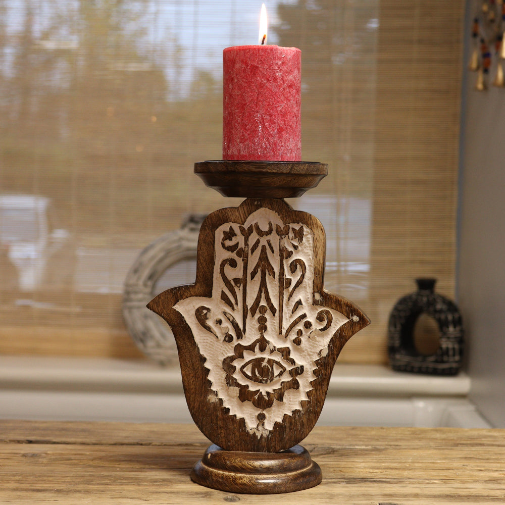 Eleanoras Hamsa Mango Wood Candle Stand Small Candle Holders