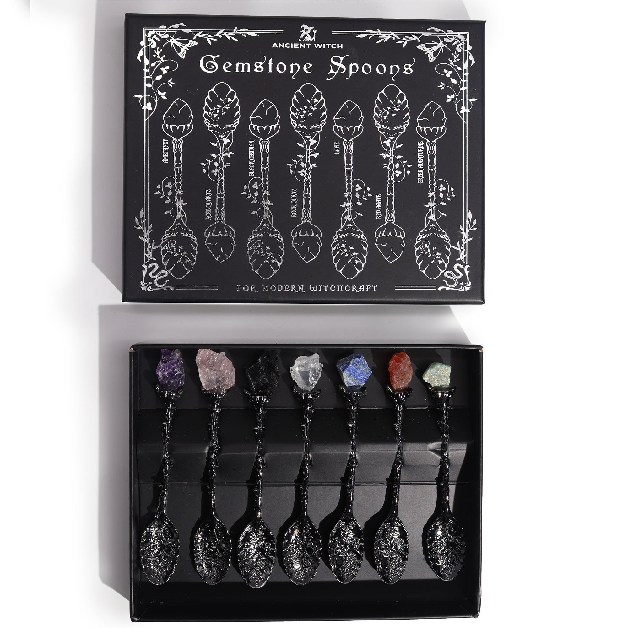 Eleanoras Set of 7 Bronze Gemstone Crystal Witch Spoons 