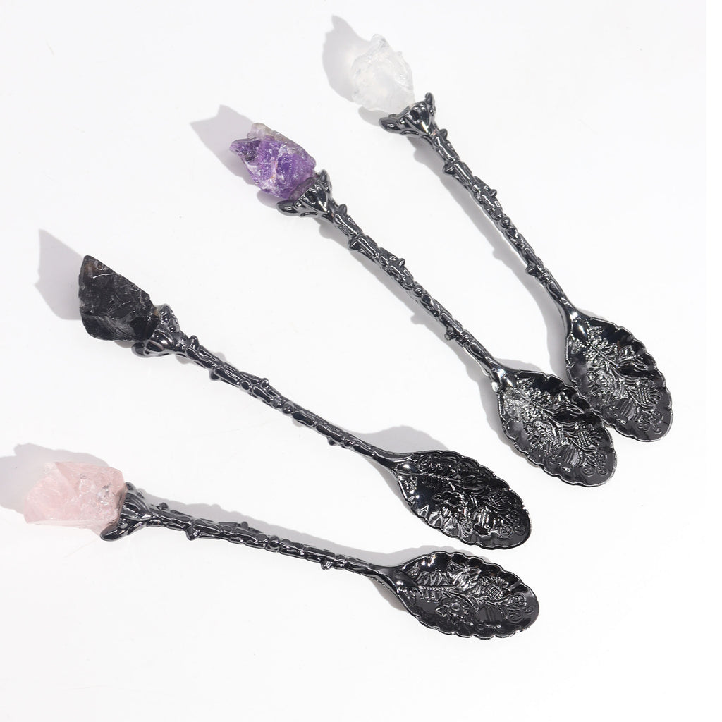 Set of 7 Dark Silver Gemstone Crystal Witch Spoons