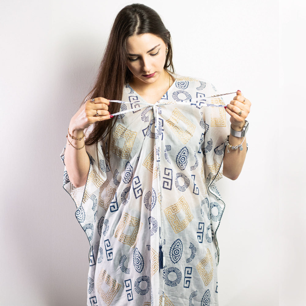 Eleanoras Gold & Blue Greek Motiff  Handpainted Kaftan 