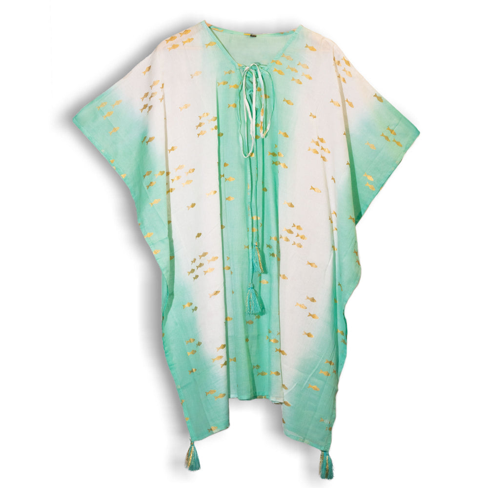 Eleanoras White & Turquoise & Gold Fish Design Kaftan 
