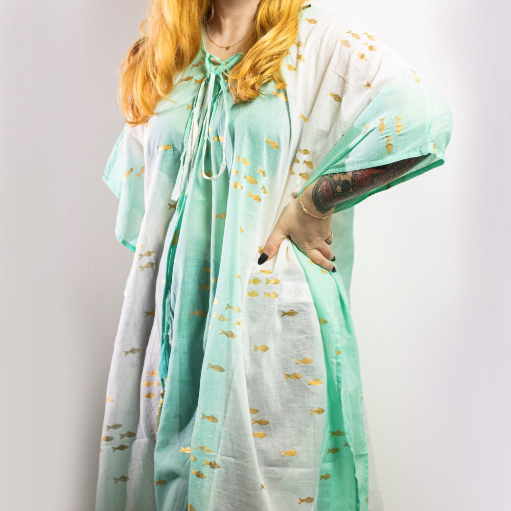 Eleanoras White & Turquoise & Gold Fish Design Kaftan 