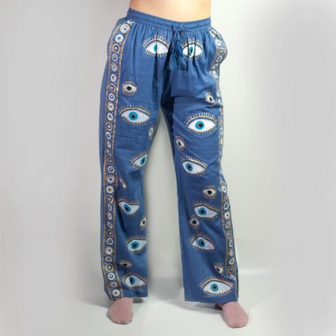 Rich Blue & Gold Hand Painted Evil Eye Lounge Pants (ML)