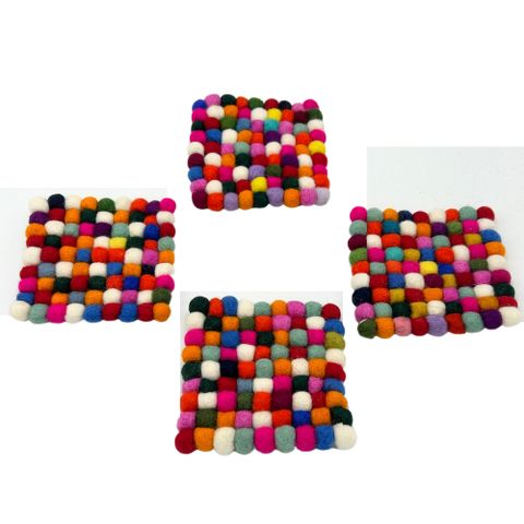 Handcrafted Felt Ball Square Coasters – Multi Colour (Set of 4)