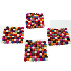 Handcrafted Felt Ball Square Coasters – Multi Colour (Set of 4)