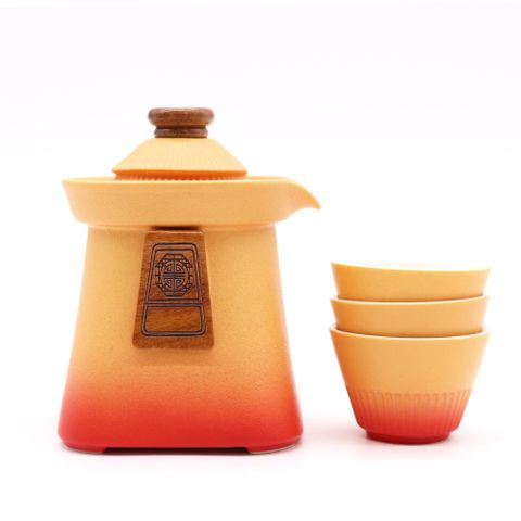 Orange Earth Temple Teapot Set & Three Cups