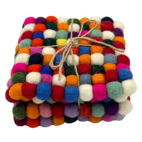 Handcrafted Felt Ball Square Coasters – Multi Colour (Set of 4)