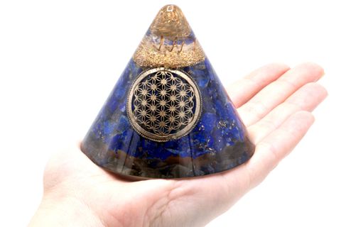 Lapis Flower of Life Orgonite Cone Suspended Quartz |  90 mm