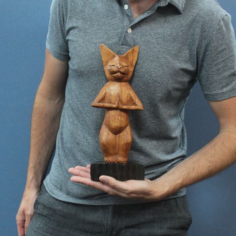 Standing Hand Carved Yoga Cat