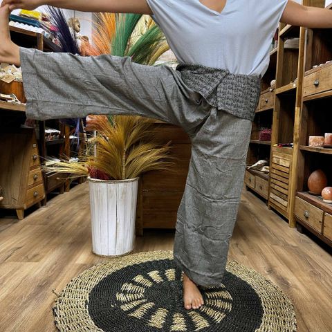 Thai Fisherman Mandala Mantra on Grey Yoga and Festival Pants