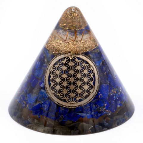 Lapis Flower of Life Orgonite Cone Suspended Quartz |  90 mm