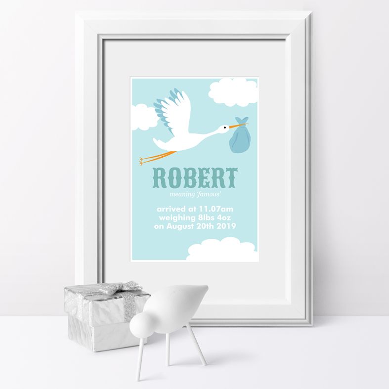 Eleanoras BLUE STORK NAME MEANING PERSONALISED NURSERY PRINT Kids Wall Art & Prints