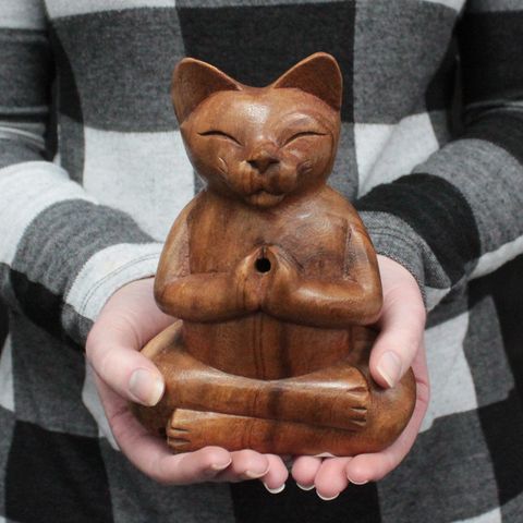 Yoga Cat Wooden Carved Incense Burners Large