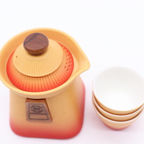 Orange Earth Temple Teapot Set & Three Cups