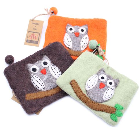 Owl on Branch Felt Zipper Pouch | Handmade Wool Pouch from Nepal