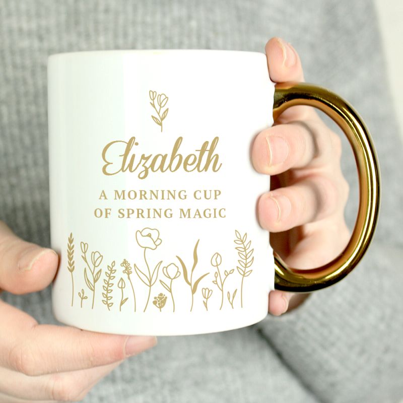 Personalised Spring Magic Floral Mug with Gold Handle