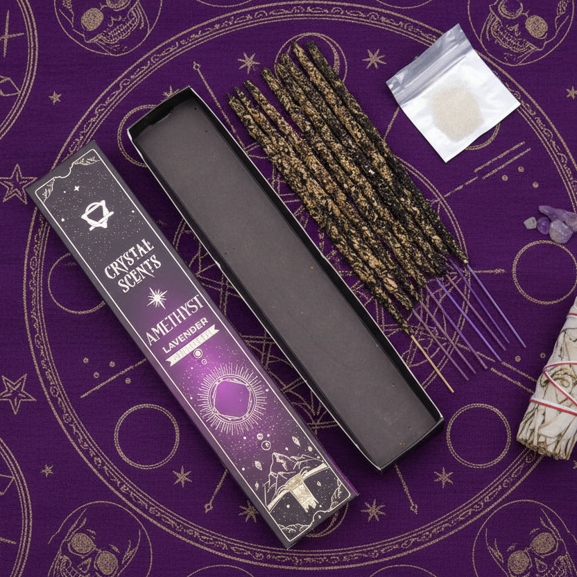 Amethyst lavender incense sticks with packaging on a white background