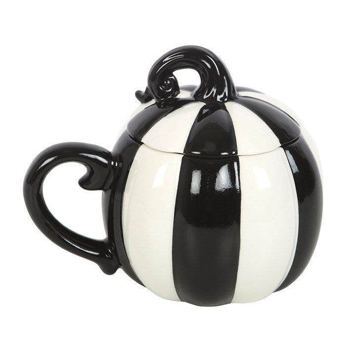 Eleanoras Black and White Striped Pumpkin Lidded Mug Mugs