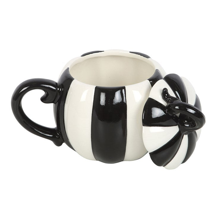 Eleanoras Black and White Striped Pumpkin Lidded Mug Mugs