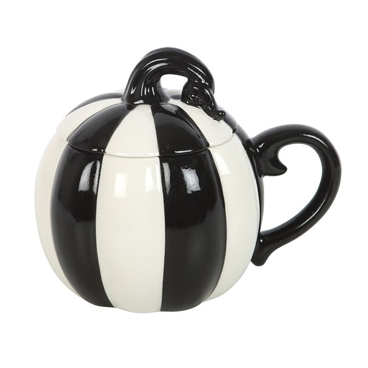 Eleanoras Black and White Striped Pumpkin Lidded Mug Mugs