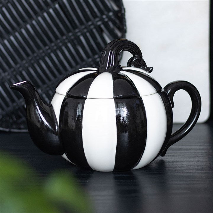 Eleanoras Black and White Striped Pumpkin Teapot 