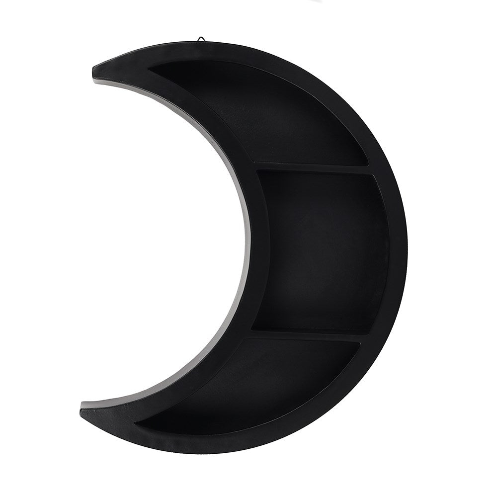 Black crescent moon-shaped shelf on a white background