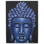 Blue Buddha head painting on a black background