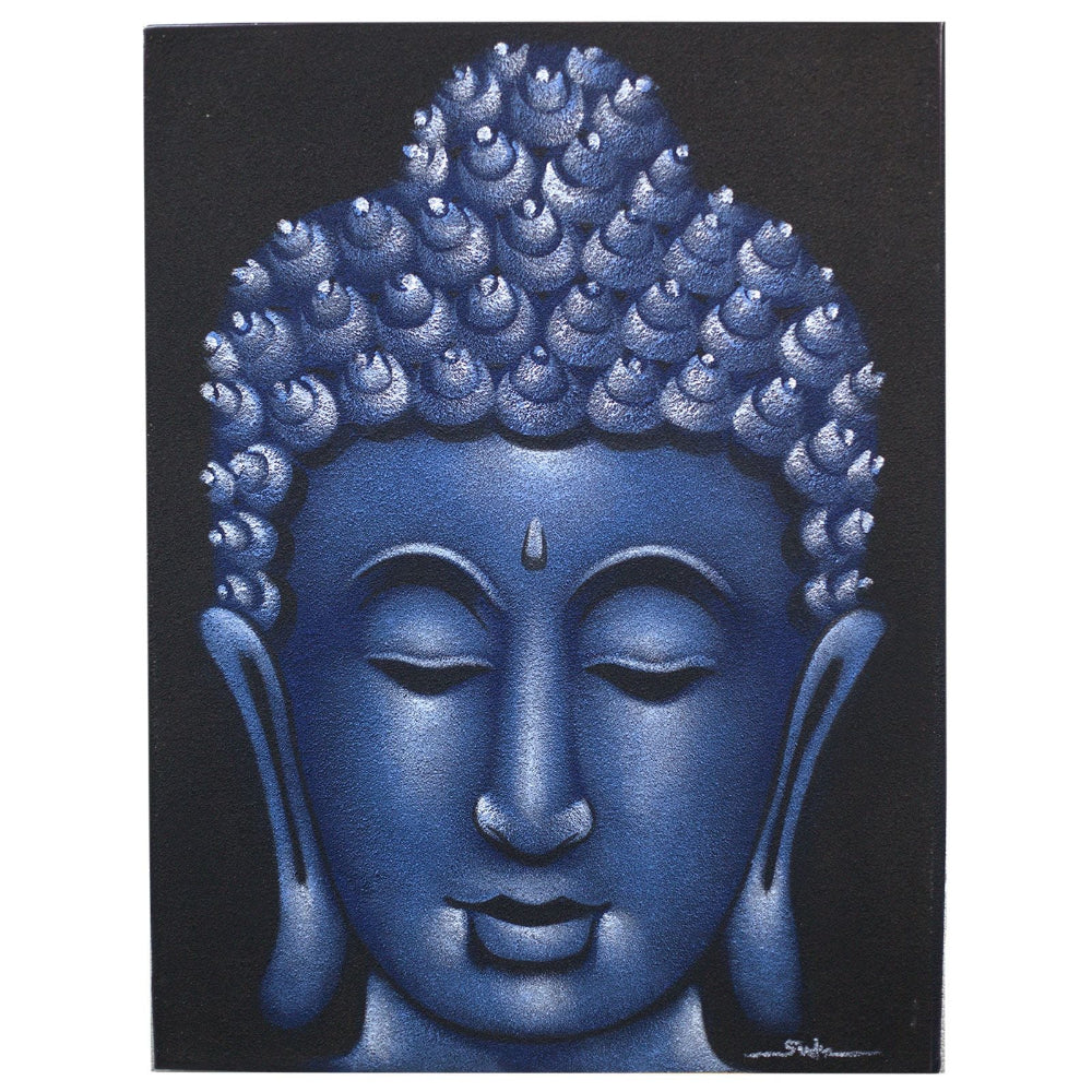 Blue Buddha head painting on a black background
