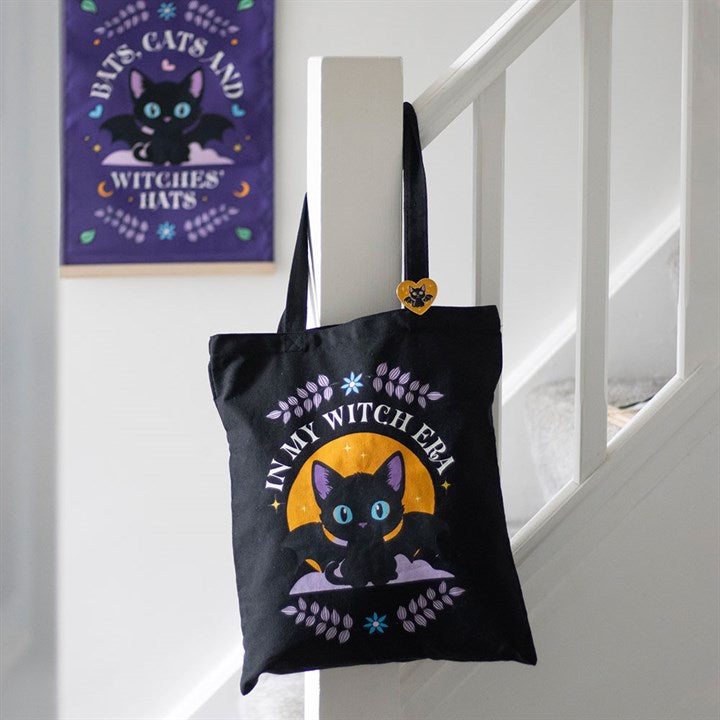 Eleanoras In My Witch Era Bat Cat Polycotton Tote Bag with Enamel Pin Totes & Shopping Bags