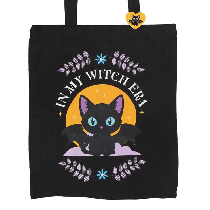Eleanoras In My Witch Era Bat Cat Polycotton Tote Bag with Enamel Pin Totes & Shopping Bags