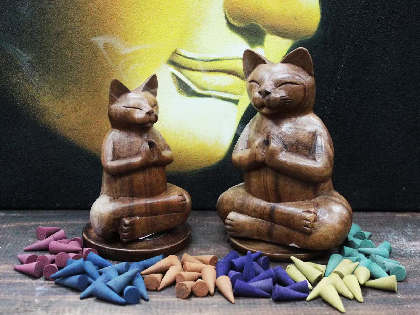 Yoga Cat Wooden Carved Incense Burners Large