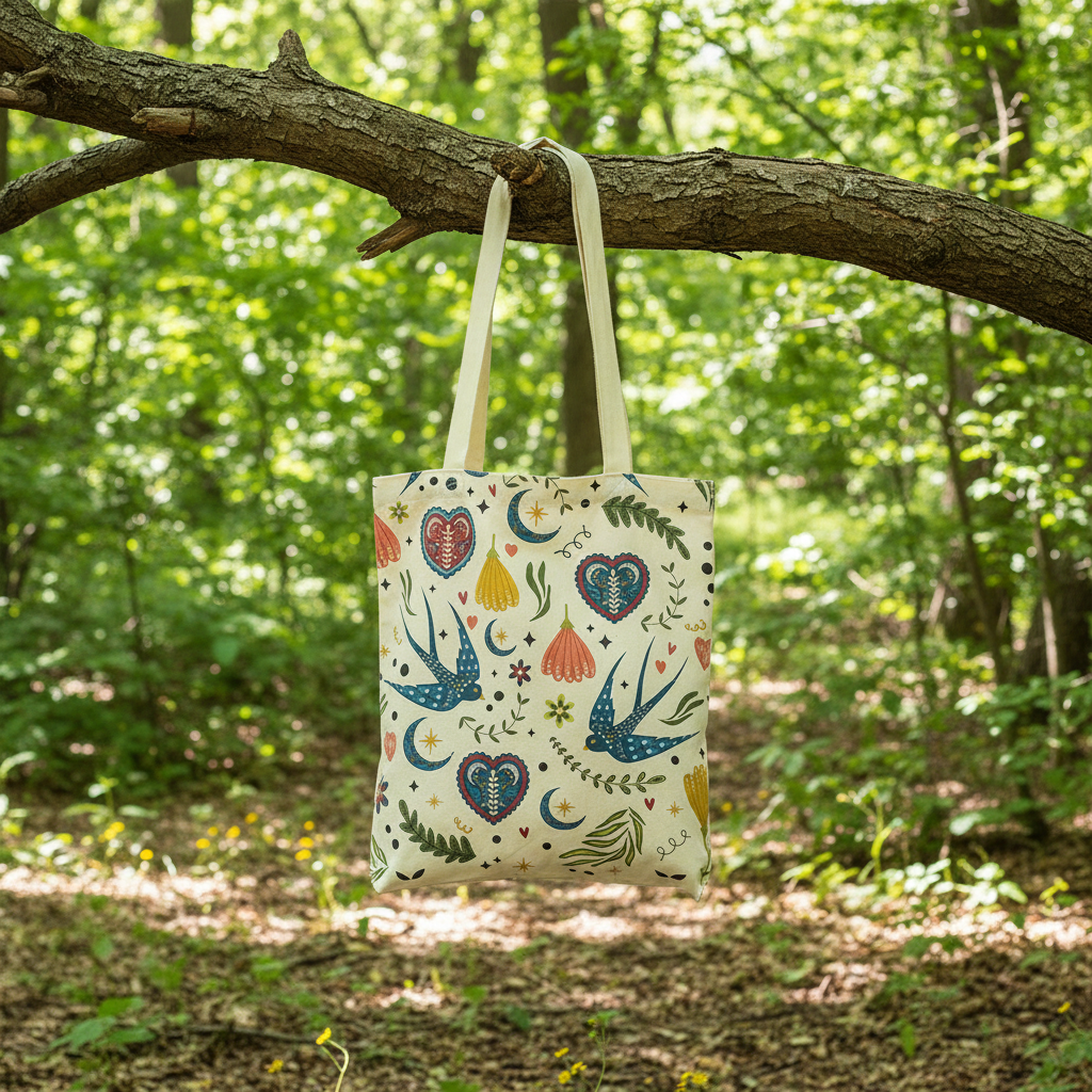 Cream Folk Print Polycotton Tote Bag