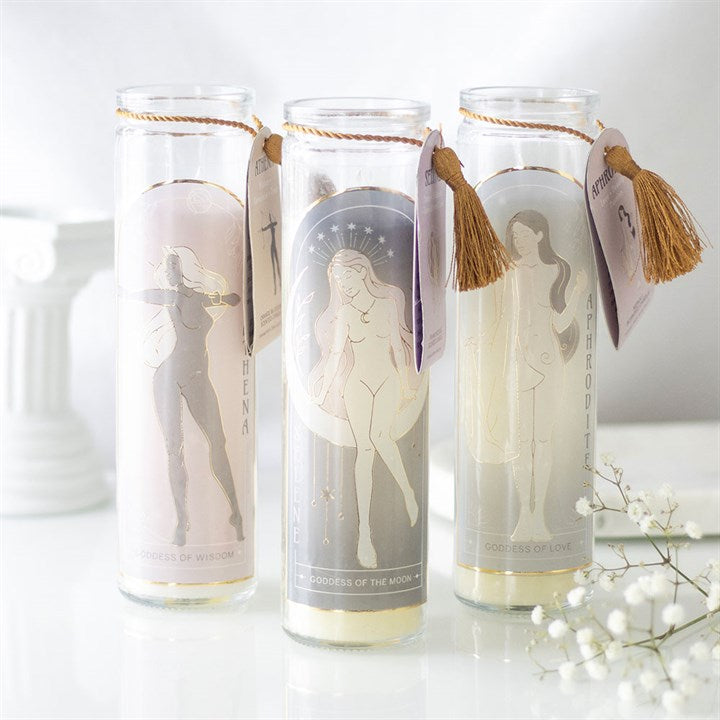 Eleanoras Athena Goddess Tube Candle with Clear Quartz Crystals 