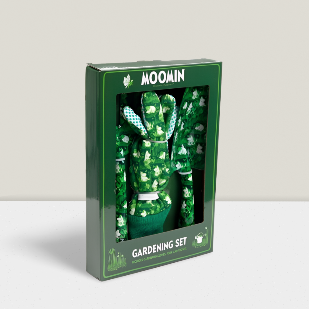 Moomin gardening set packaging on a light gray background