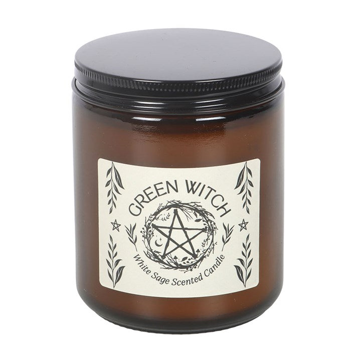 Green Witch Amber Glass Candle - White Sage