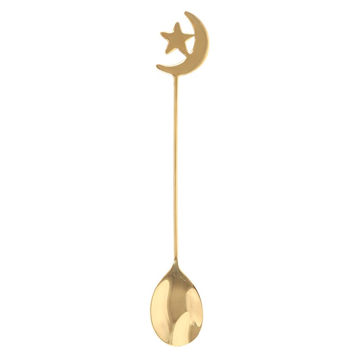 Gold spoon with star and moon design on a white background