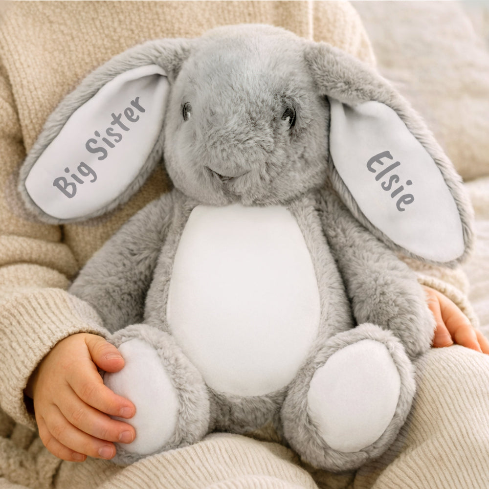 Gray plush bunny with 'Big Sister' and 'Elsie' labels held by a child.