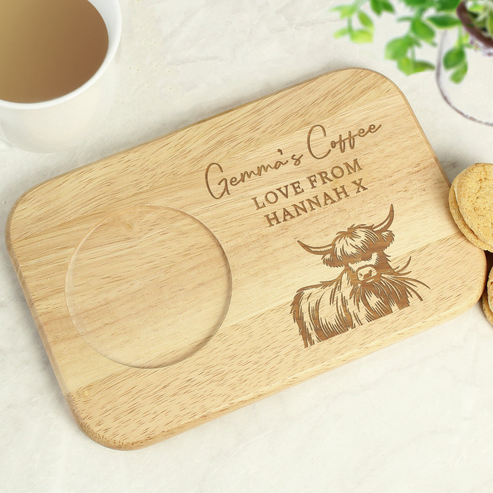 Eleanoras Personalised Highland Cow Wooden Coaster Tray Trays
