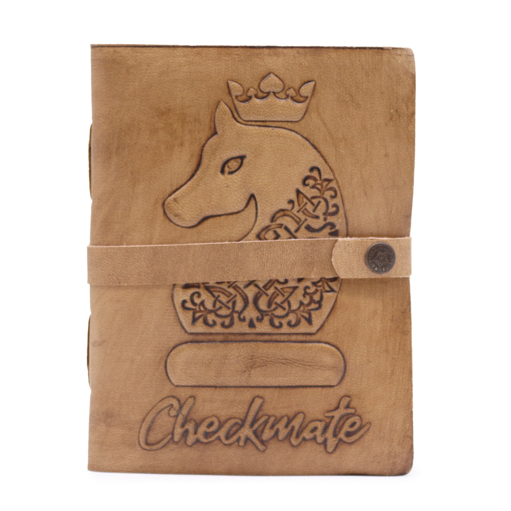 Brown leather notebook with embossed design and 'Checkmate' text on a white background