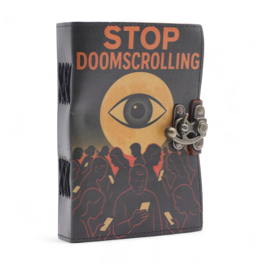 Journal with 'Stop Doomscrolling' design featuring an eye and people on a white background