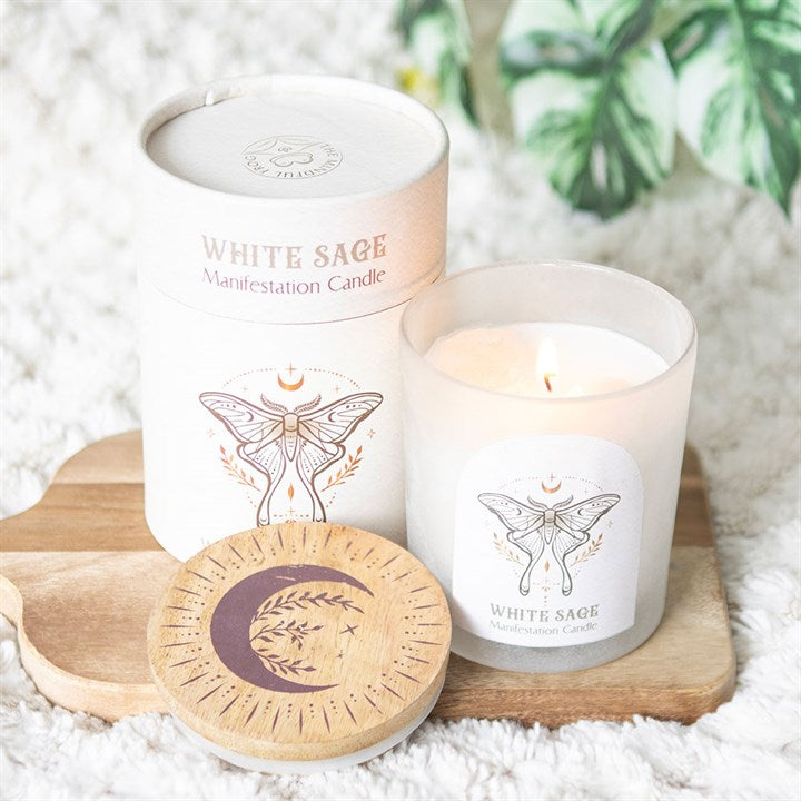 Eleanoras Luna Moth Manifestation Candle With Clear Quartz Crystals Candles