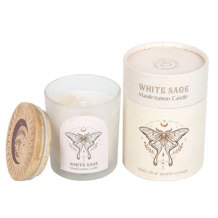 Eleanoras Luna Moth Manifestation Candle With Clear Quartz Crystals Candles