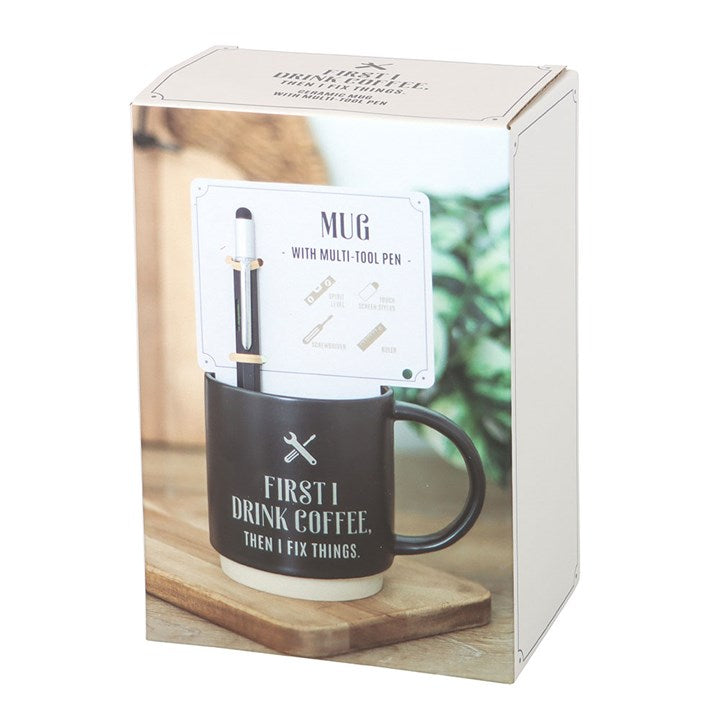 Eleanoras FIRST I DRINK COFFEE MUG WITH MULTI TOOL PEN Mugs