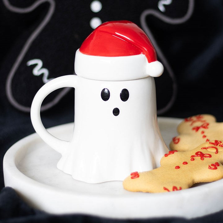 Eleanoras Ghost Shaped Mug with Santa Hat Lid Mugs